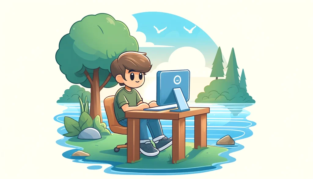Exempelbild Tolio Prompt: AI: Skapa en horisontell bild: Tecknad seriefigur av en person som sitter vid datorn och arbetar vid ett bord som står vid vattnet.