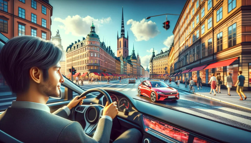 Exempelbild. Prompt: Realistisk bild av en människa som kör en röd bil i Stockholm.